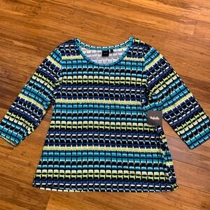 Rafaella Women's 2X Blue Green Black Geometric Print 3/4 Sleeve Top Embellished